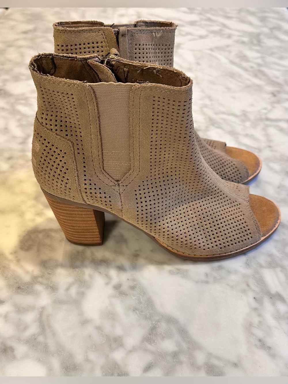 Toms Taupe Perforated Peep-Toe Block Heel Booties